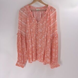 Wonderly peach tangerine balloon sleeve blouse womens floral boho lightweight